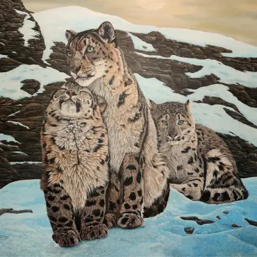 Snow leopard and her cubs finely painted by UK fine artist Steve Cooper